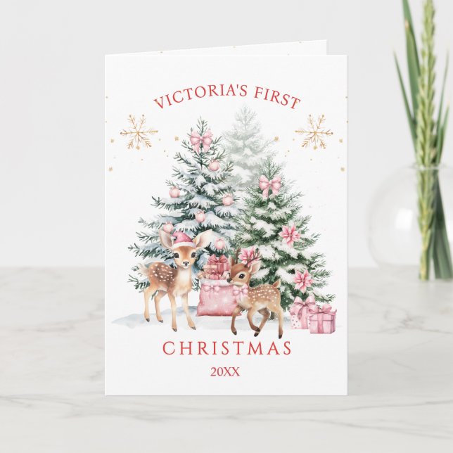 Weihnachtsbaum Fawn Baby's First Christmas Karte (Vorderseite)