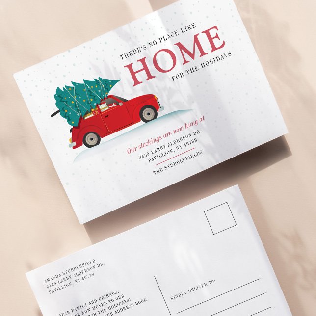 Weihnachtsbaum Feiertag Neue Adressenverschiebung Ankündigungspostkarte (Cute Red Car Christmas Holiday Moving Announcement Postcard)