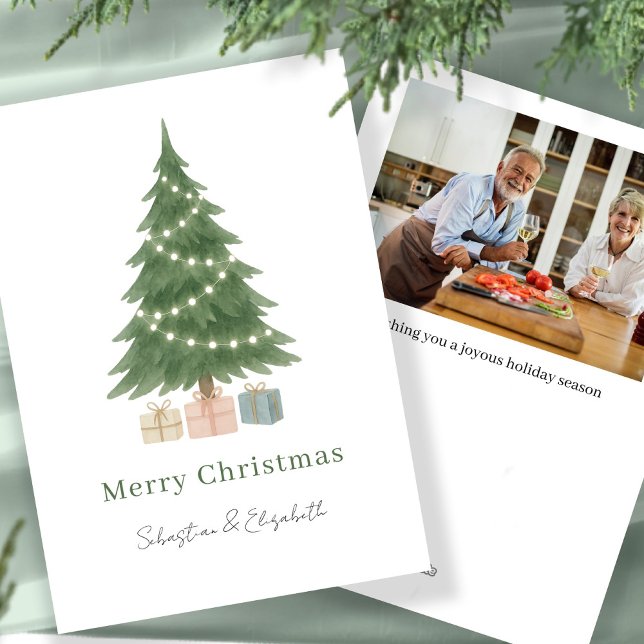 Weihnachtsbaum-Foto Aquarell Personalisiert Feiertagskarte (Watercolor Christmas Tree Photo Personalized Holiday Card by Ricaso Add own photograph and message)
