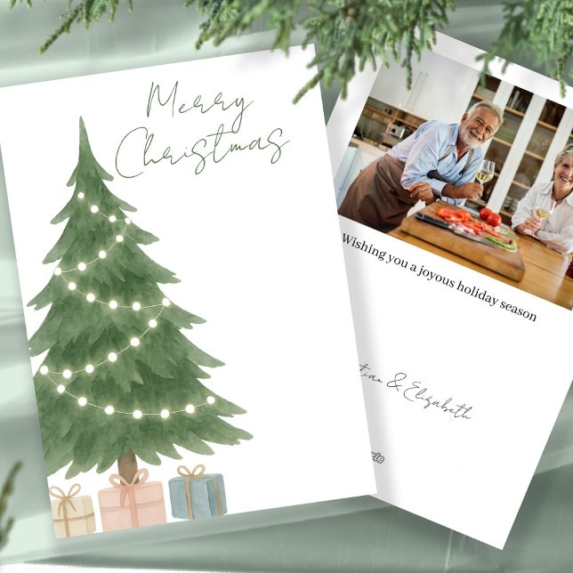 Weihnachtsbaum-Foto Aquarell Personalisiert Feiertagskarte (Watercolor Christmas Tree Photo Personalized Holiday Card by Ricaso. Add your photograph and text)