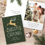 Weihnachtsbaum & Foto Dunkelgrün Feiertagskarte<br><div class="desc">Eine Weihnachtskarte im Art-Déco-Stil mit bearbeitbarem Text und eigenem Foto. Dieses stilvolle Template verfügt über einen Spitzhirten mit dekorativen Blätter und Sternen. Der Text kann mit Namen,  Datum und persönlichem Gruß personalisiert werden. Farben: sehr dunkelgrün,  weiß und eine goldene Textur.</div>