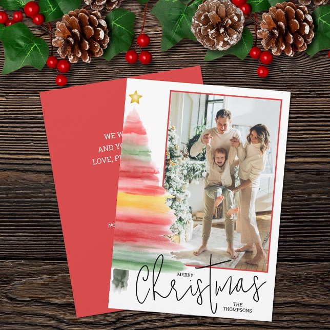 Weihnachtsbaum-Foto Feiertagskarte (Striped watercolor Christmas tree photo holiday cards feature your greeting on the back)
