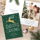 Weihnachtsbaum & Foto Green Gold Feiertagskarte<br><div class="desc">Eine Weihnachtskarte im Art-Déco-Stil mit bearbeitbarem Text und eigenem Foto. Dieses stilvolle Template verfügt über einen Spitzhirten mit dekorativen Blätter und Sternen. Der Text kann mit Namen,  Datum und persönlichem Gruß personalisiert werden. Farben: dunkelwaldgrün,  weiß und eine goldfarbene Textur.</div>