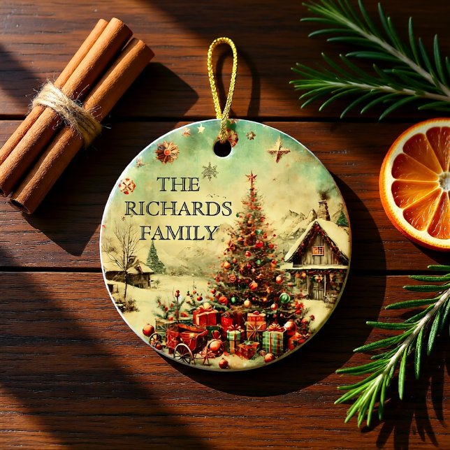 Weihnachtsbaum Frohe Weihnachten Keramik Ornament (Personalized Vintage Christmas Tree Family Name Ceramic Ornament)