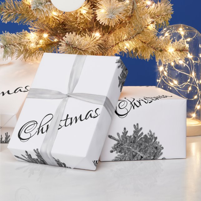 Weihnachtsbaum Frohe Weihnachten Schwarz-weiß Geschenkpapier (Feiertage)