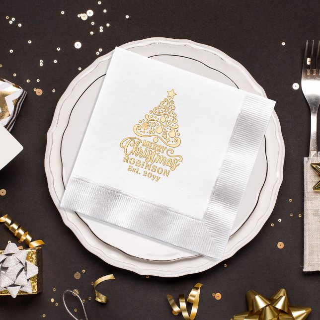 Weihnachtsbaum Frohe Weihnachtsfamilie Datum Servietten Mit Folie (Christmas Tree Merry Christmas Family Name and Date Stamped Foil Napkins)