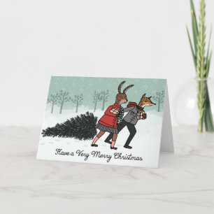 Weihnachtsbaum - Fuchs und Hase bringen den Baum n Feiertagskarte