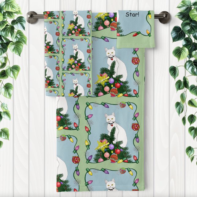 Weihnachtsbaum Funny White Cat Badhandtuch Set (Von Creator hochgeladen)