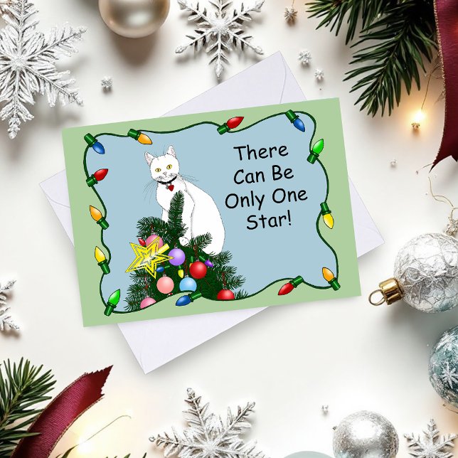 Weihnachtsbaum Funny White Cat Feiertagskarte (Von Creator hochgeladen)