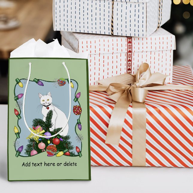 Weihnachtsbaum Funny White Cat Mittlere Geschenktüte (Von Creator hochgeladen)