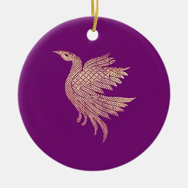 Weihnachtsbaum für lila und goldene Vögel Keramik Ornament (Vorne)