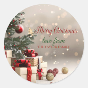 Weihnachtsbaum Geschenke Bokeh Frohe Weihnachten Runder Aufkleber
