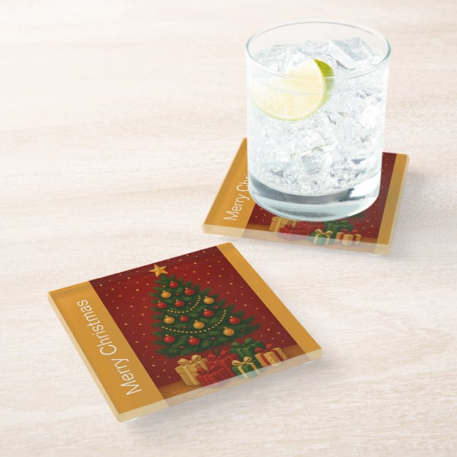 🎄 Weihnachtsbaum & Geschenke - Klassischer Urlaub Glasuntersetzer (Schrägansicht)