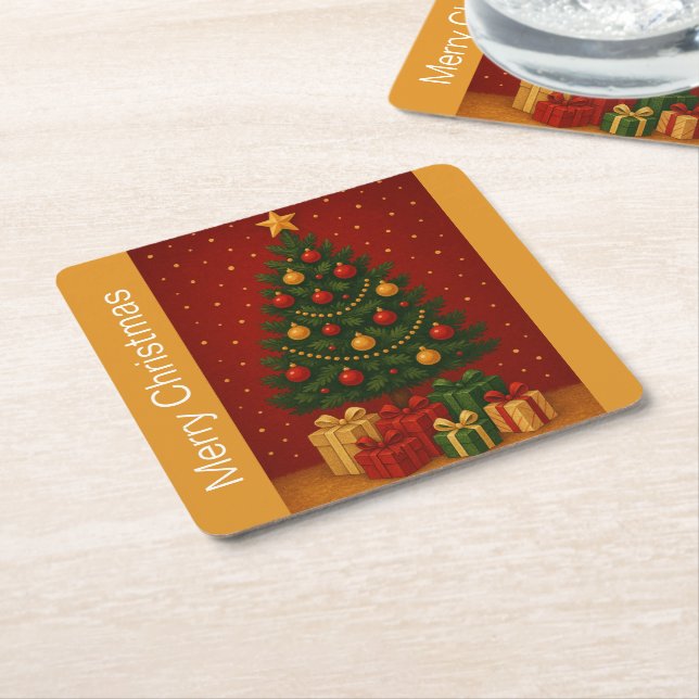 🎄 Weihnachtsbaum & Geschenke - Klassisches Urlaub Rechteckiger Pappuntersetzer (angewinkelt)