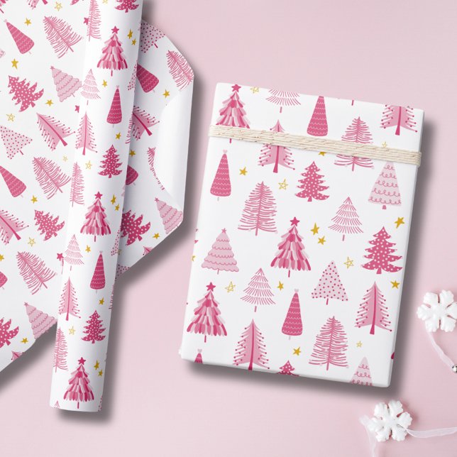Weihnachtsbaum Geschenkpapier (Pink Christmas Tree modern Holiday Wrapping Paper.  From original artists illustrations. )