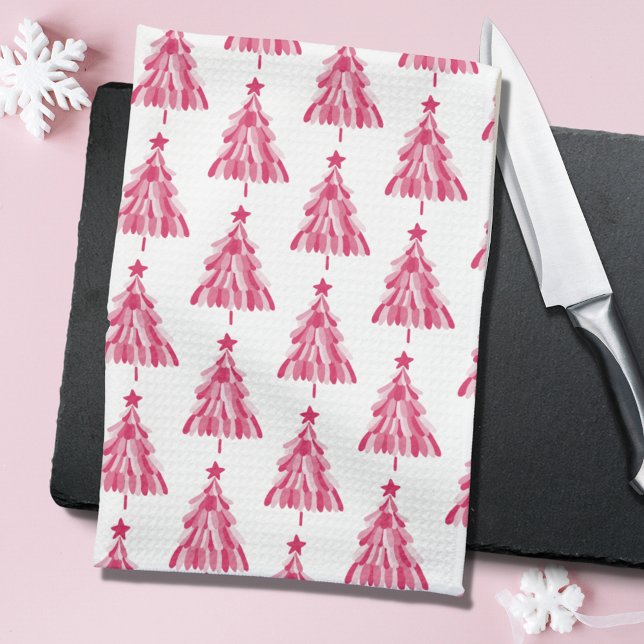 Weihnachtsbaum Geschirrtuch (Modern pink woodland forest, Christmas tree kitchen tea towel in white and pink.)