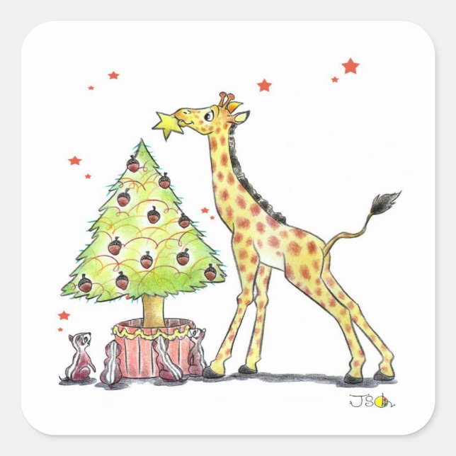 Weihnachtsbaum & Giraffe Quadratischer Aufkleber (Vorderseite)
