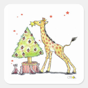 Weihnachtsbaum & Giraffe Quadratischer Aufkleber