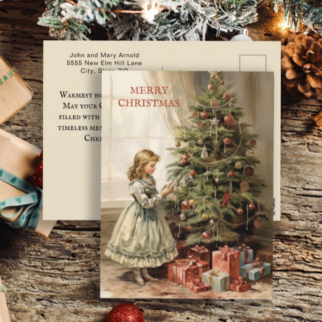 Weihnachtsbaum Girl Geschenke Feiertagspostkarte (Vintage girl and tree Christmas greeting postcard)
