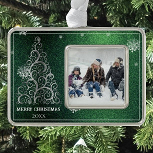 Weihnachtsbaum Glitter und Schneeflocken Grün Rahmen-Ornament Silber