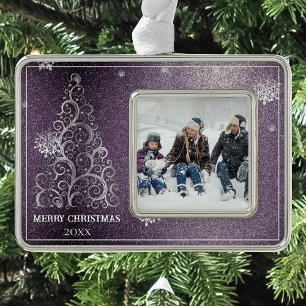 Weihnachtsbaum Glitter und Schneeflocken   Violett Rahmen-Ornament Silber