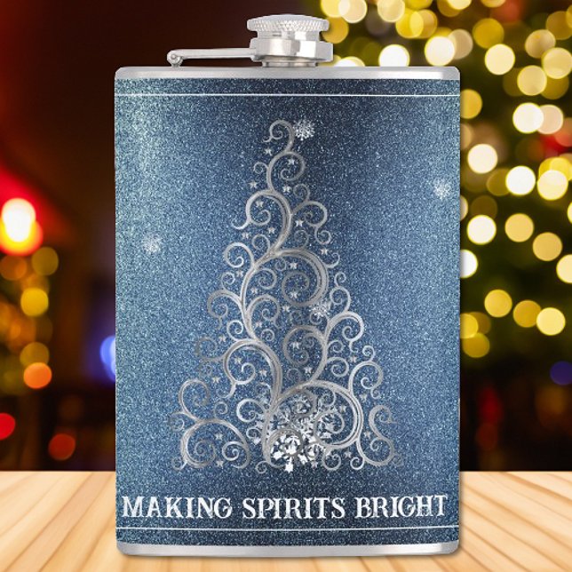Weihnachtsbaum Glitzer und Schneeflocken | Blau Flachmann (Blue Christmas Tree Glitter and Snowflakes Flask)