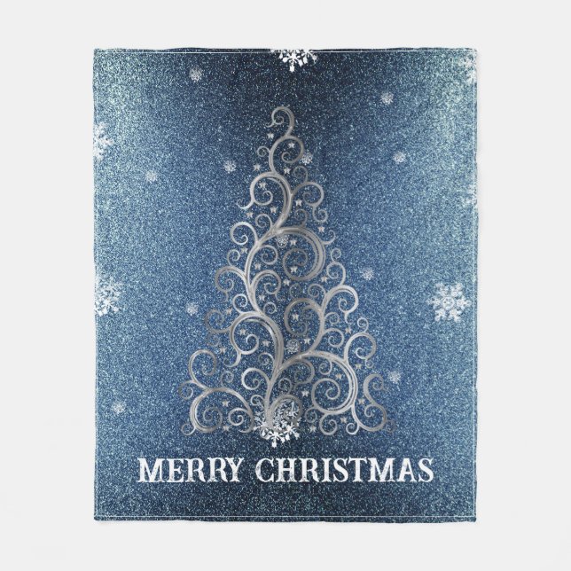 Weihnachtsbaum Glitzer und Schneeflocken | Blau Fleecedecke (Vorderseite)