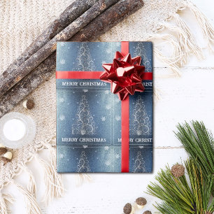 Weihnachtsbaum Glitzer und Schneeflocken   Blau Geschenkpapier