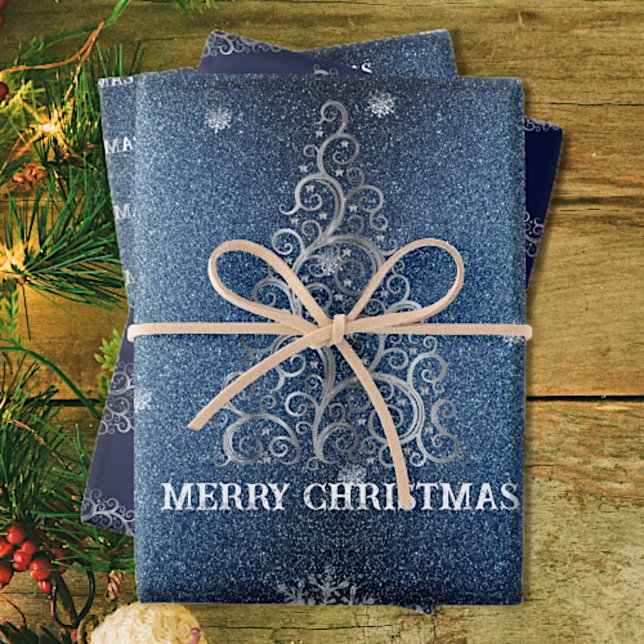 Weihnachtsbaum Glitzer und Schneeflocken | Blau Geschenkpapier Set (Blue Christmas Tree Glitter and Snowflakes Wrapping Paper Sheets)