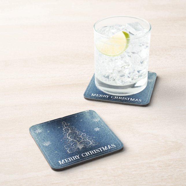 Weihnachtsbaum Glitzer und Schneeflocken | Blau Getränkeuntersetzer (Rechte Seite)