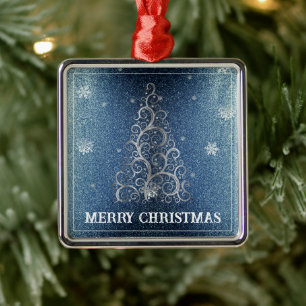 Weihnachtsbaum Glitzer und Schneeflocken   Blau Ornament Aus Metall