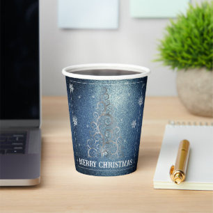 Weihnachtsbaum Glitzer und Schneeflocken   Blau Pappbecher