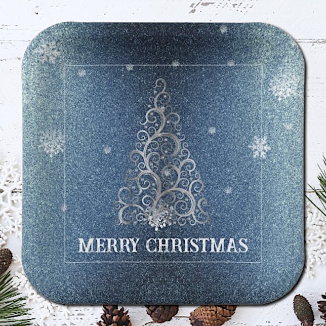 Weihnachtsbaum Glitzer und Schneeflocken | Blau Pappteller (Blue Christmas Tree Glitter and Snowflakes Paper Plates)
