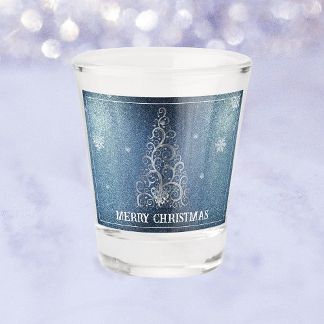 Weihnachtsbaum Glitzer und Schneeflocken | Blau Schnapsglas (Blue Christmas Tree Glitter and Snowflakes Shot Glass)
