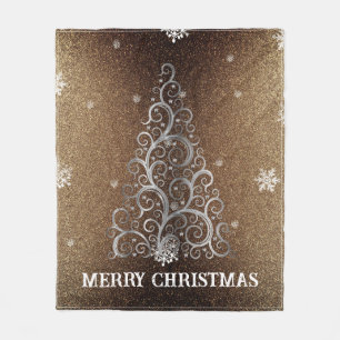 Weihnachtsbaum Glitzer und Schneeflocken   Gold Fleecedecke