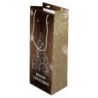 Weihnachtsbaum Glitzer und Schneeflocken | Gold Geschenktüte Für Weinflaschen
