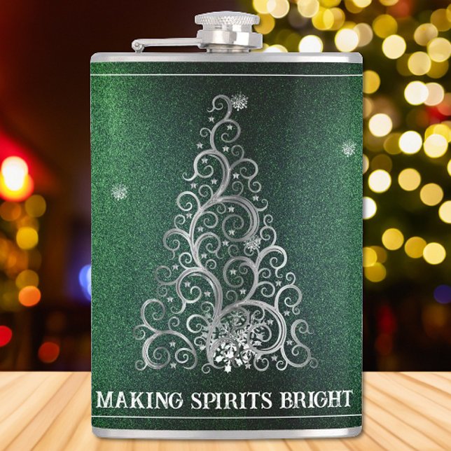Weihnachtsbaum Glitzer und Schneeflocken | Grün Flachmann (Green Christmas Tree Glitter and Snowflakes Flask)