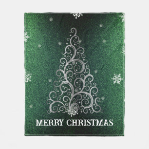 Weihnachtsbaum Glitzer und Schneeflocken   Grün Fleecedecke
