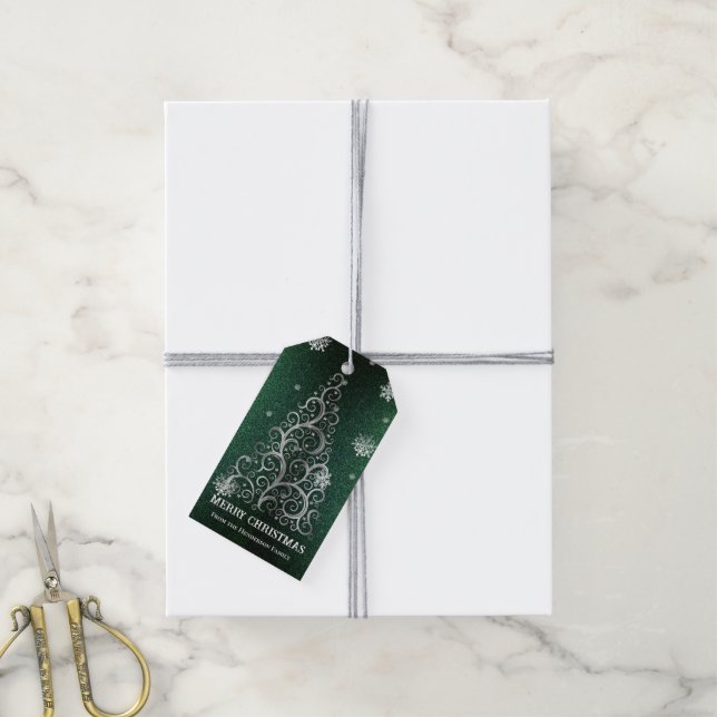 Weihnachtsbaum Glitzer und Schneeflocken | Grün Geschenkanhänger (Mit Garn)
