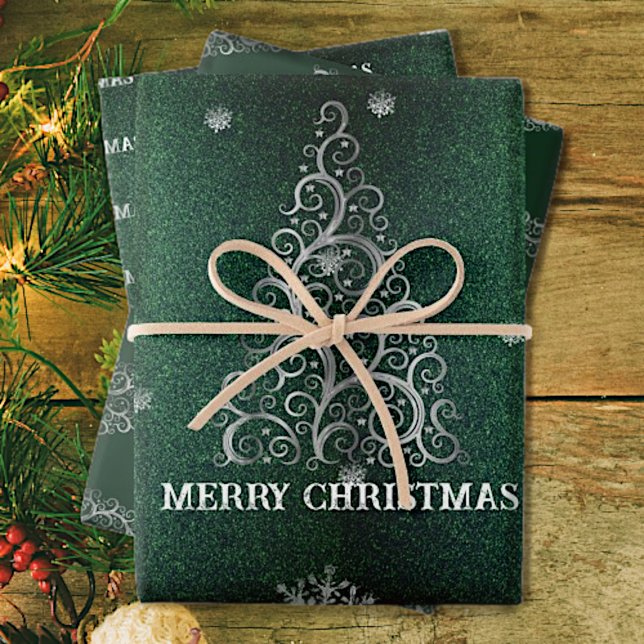 Weihnachtsbaum Glitzer und Schneeflocken | Grün Geschenkpapier Set (Green Christmas Tree Glitter and Snowflakes Wrapping Paper Sheets)