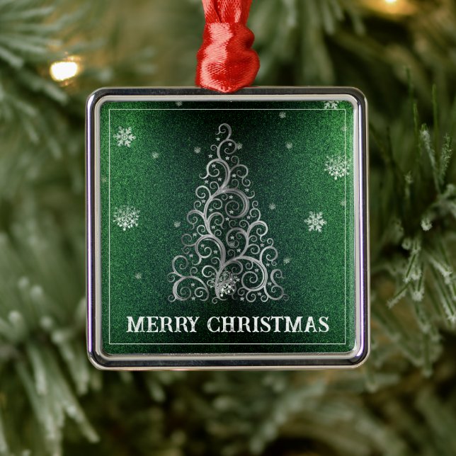 Weihnachtsbaum Glitzer und Schneeflocken | Grün Ornament Aus Metall (Baum)
