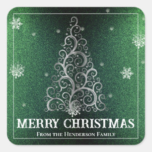 Weihnachtsbaum Glitzer und Schneeflocken   Grün Quadratischer Aufkleber
