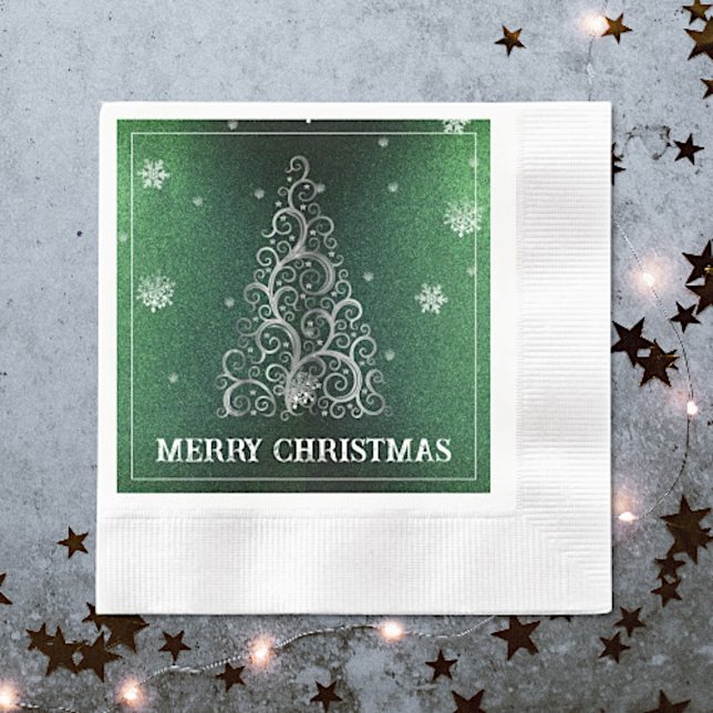 Weihnachtsbaum Glitzer und Schneeflocken | Grün Serviette (Green Christmas Tree Glitter and Snowflakes Napkins)