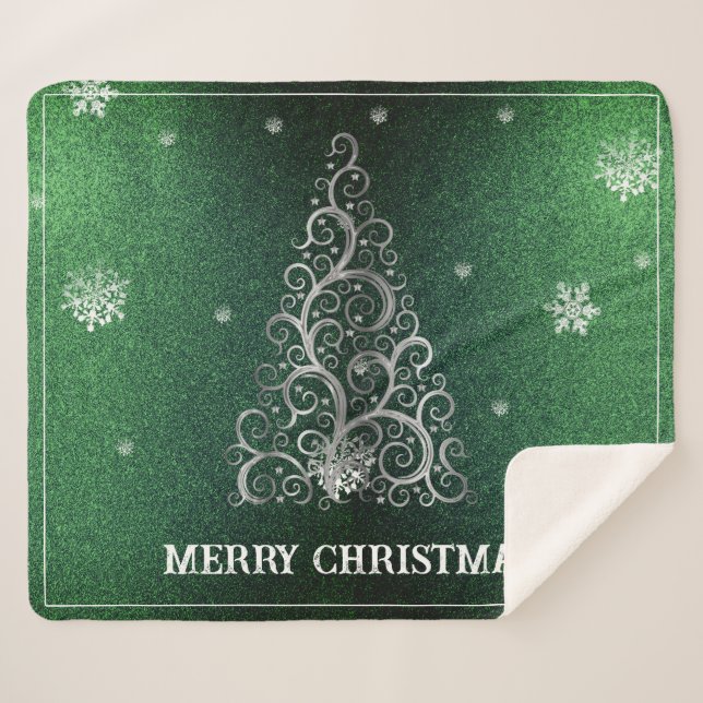 Weihnachtsbaum Glitzer und Schneeflocken | Grün Sherpadecke (Vorderseite (Horizontal))