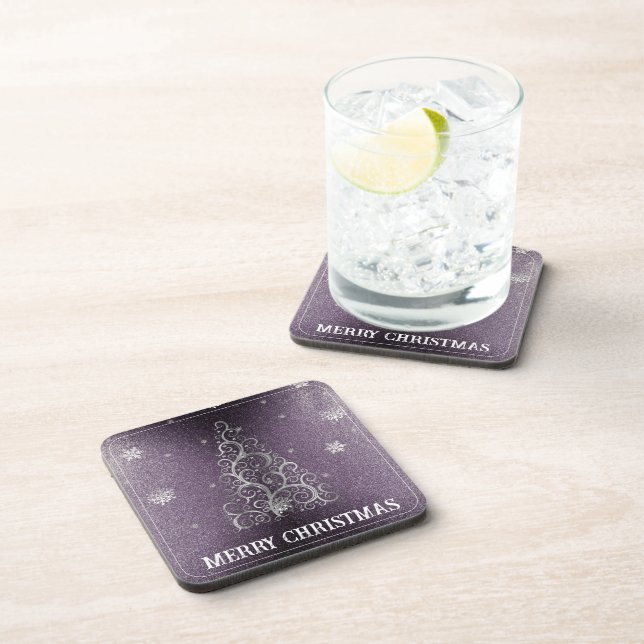 Weihnachtsbaum Glitzer und Schneeflocken | LILA Getränkeuntersetzer (Rechte Seite)