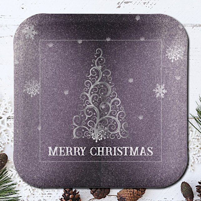 Weihnachtsbaum Glitzer und Schneeflocken | LILA Pappteller (Purple Christmas Tree Glitter and Snowflakes Paper Plates)