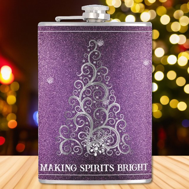 Weihnachtsbaum Glitzer und Schneeflocken | Magenta Flachmann (Magenta Christmas Tree Glitter and Snowflakes Flask)