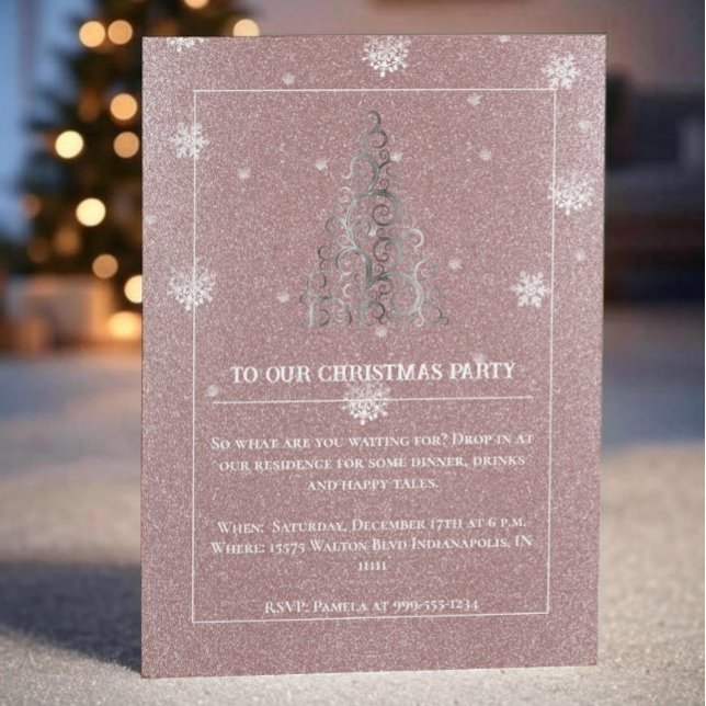 Weihnachtsbaum Glitzer und Schneeflocken | Rosa Einladung (Pink Christmas Tree Glitter and Snowflakes Party Invitation)