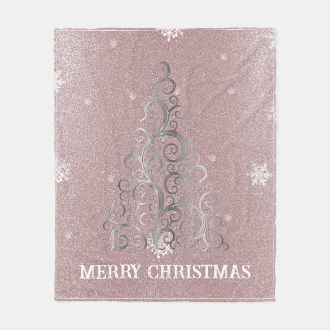 Weihnachtsbaum Glitzer und Schneeflocken | Rosa Fleecedecke (Vorderseite)