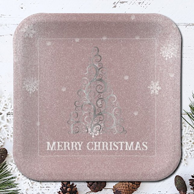 Weihnachtsbaum Glitzer und Schneeflocken | Rosa Pappteller (Pink Christmas Tree Glitter and Snowflakes Paper Plates)